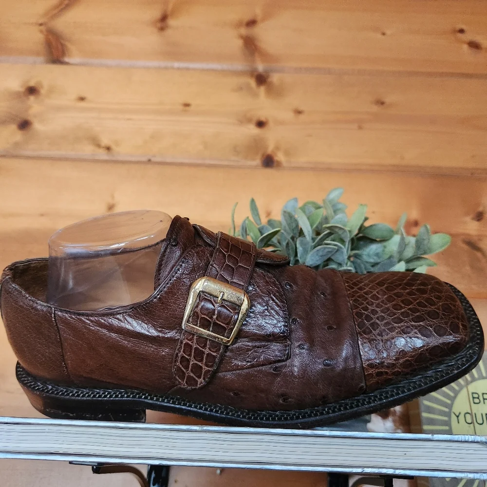 David Eden Exotic Ostrich Croc Gator Leather‎ Monk Strap Oxford Dress Shoes Sz 9